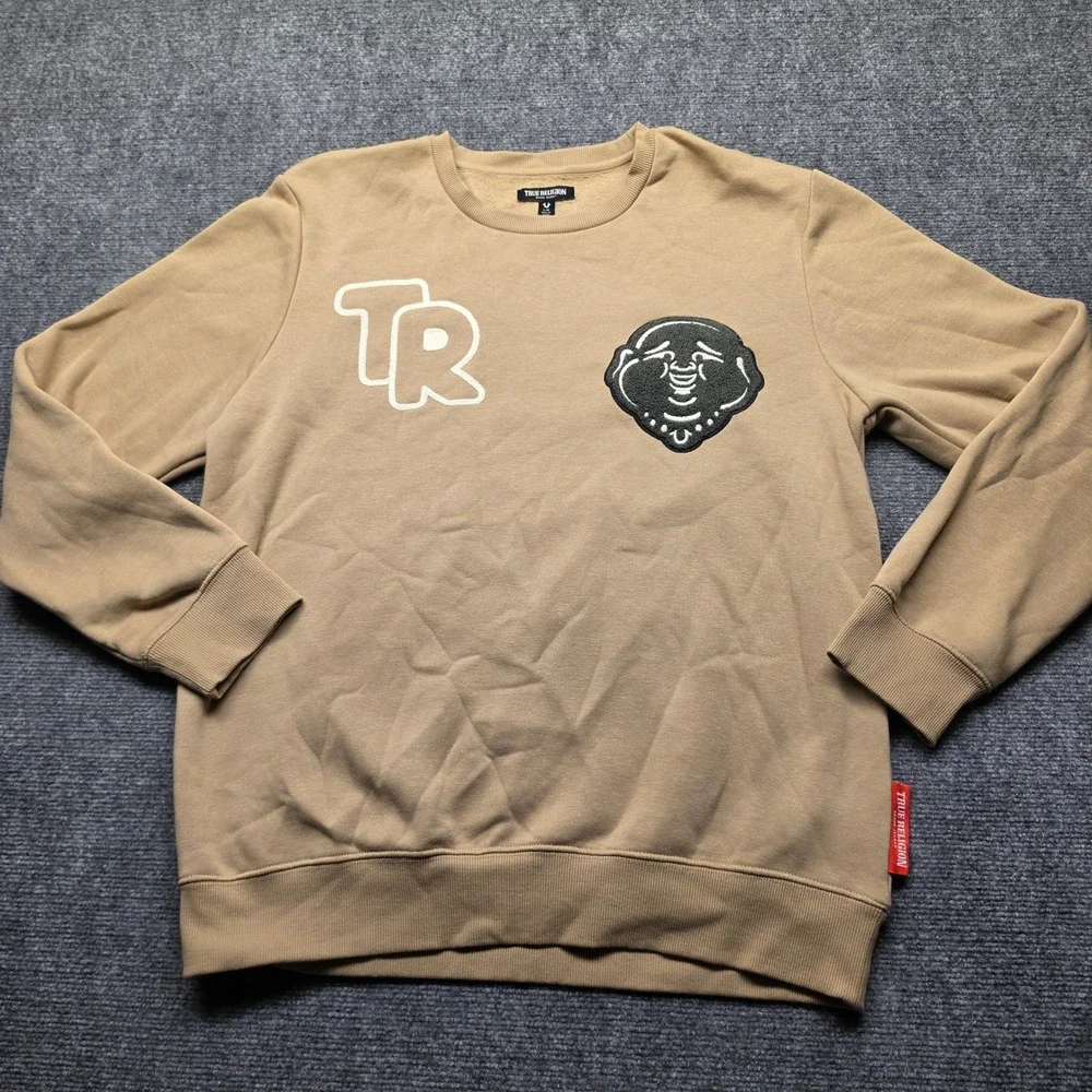True Religion Mens Buddha Chenille Patch Crewneck Sweatshirt Tan Khaki Large